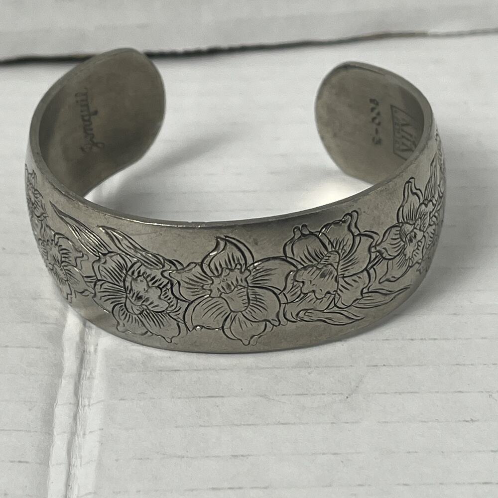 Vintage 1970s Kirk Pewter Jonquil Floral Cuff Bracelet 900-3 March Birth Flower